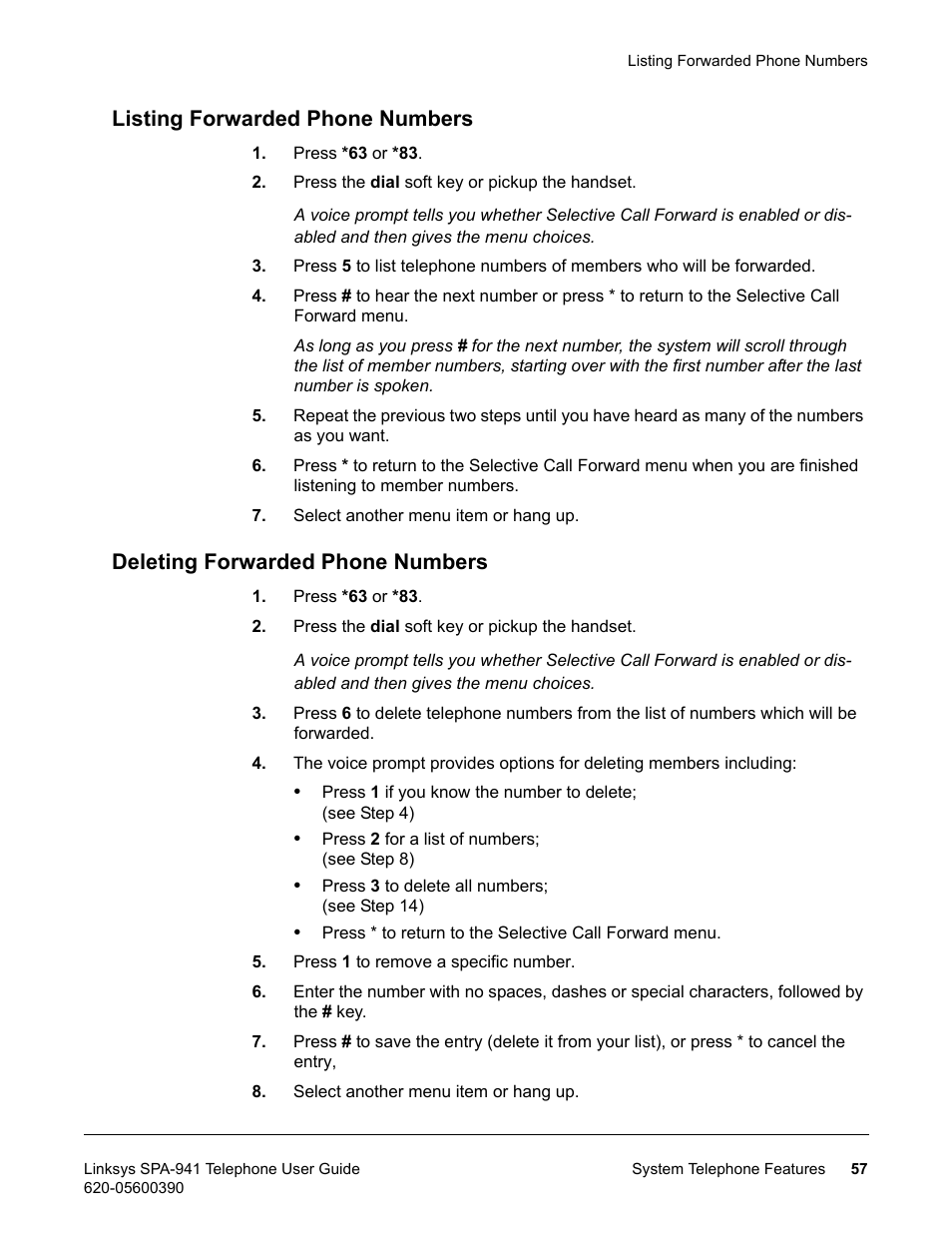 Listing forwarded phone numbers, Deleting forwarded phone numbers | Linksys SPA-941 User Manual | Page 69 / 164