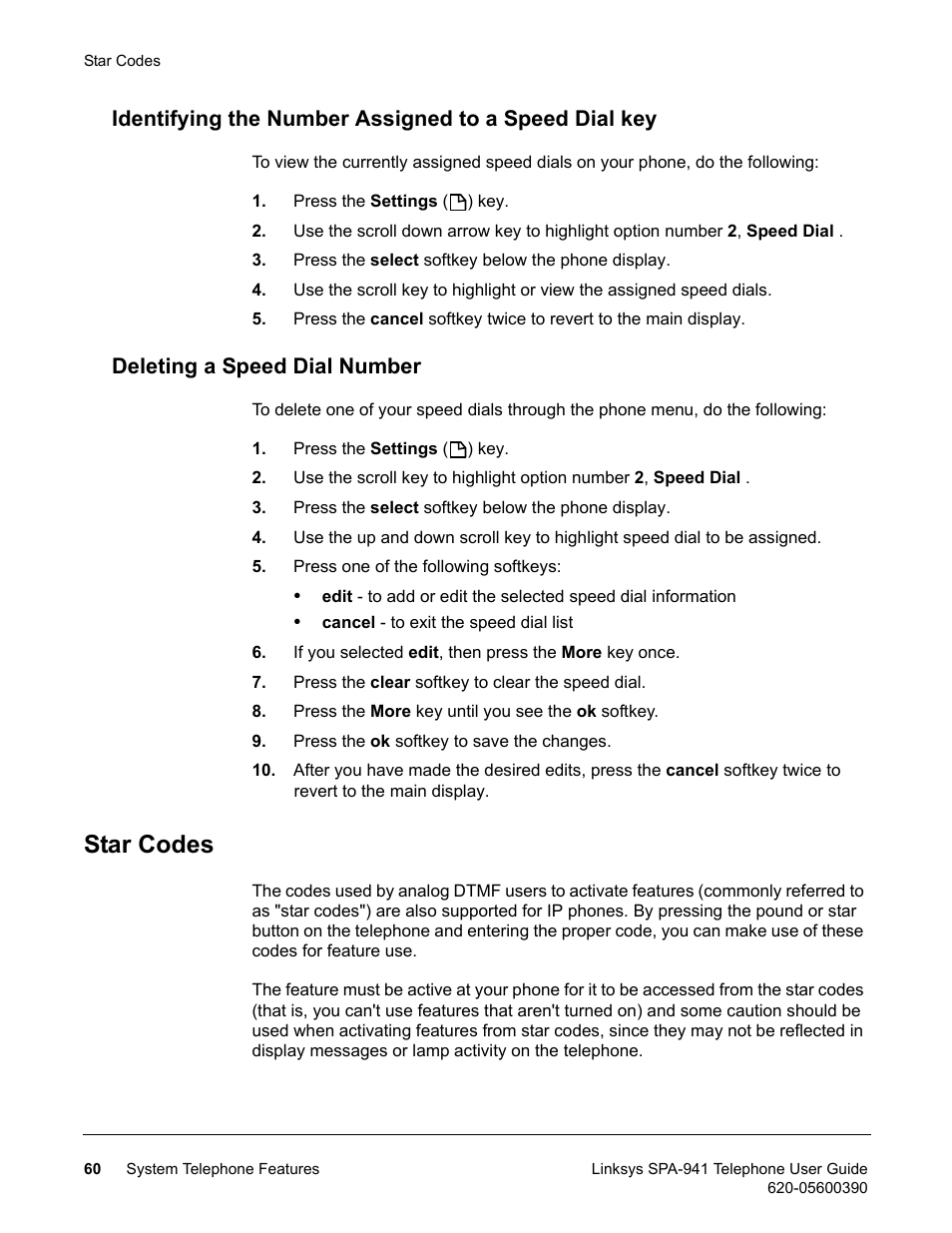 Deleting a speed dial number, Star codes | Linksys SPA-941 User Manual | Page 72 / 164