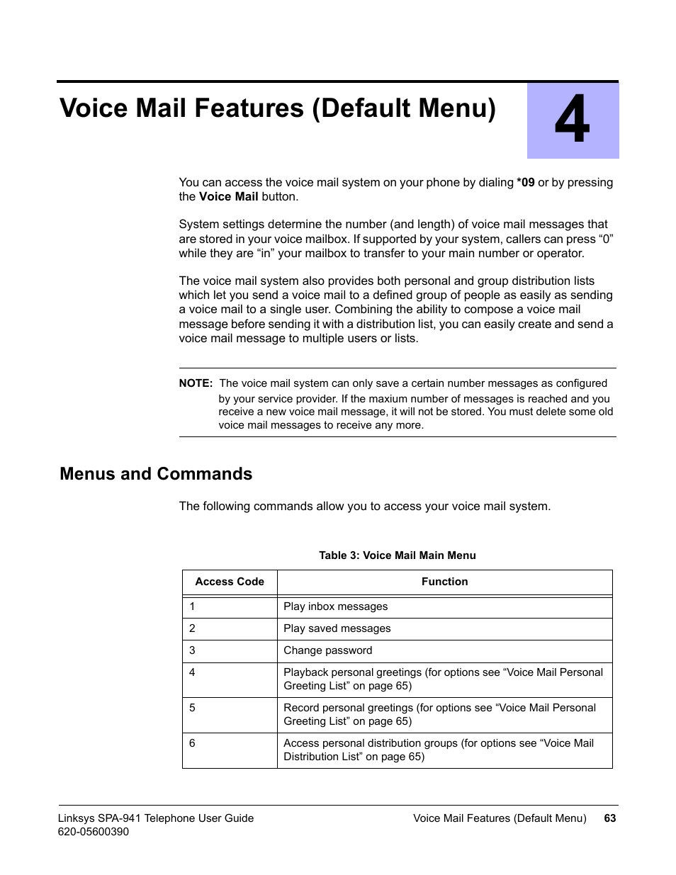 Voice mail features (default menu), Menus and commands, 4 voice mail features (default menu) | Linksys SPA-941 User Manual | Page 75 / 164