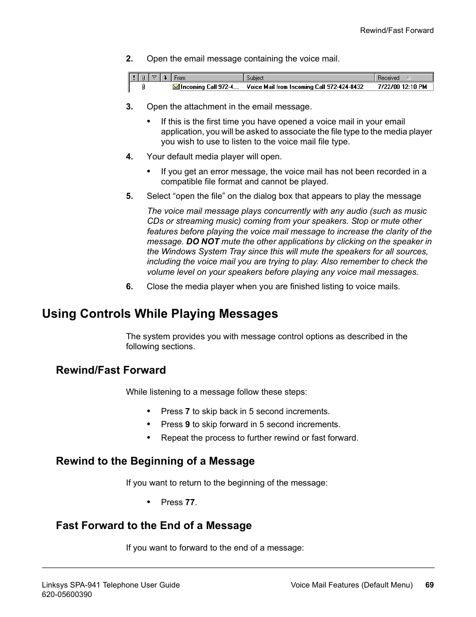 Using controls while playing messages, Rewind/fast forward, Rewind to the beginning of a message | Fast forward to the end of a message | Linksys SPA-941 User Manual | Page 81 / 164