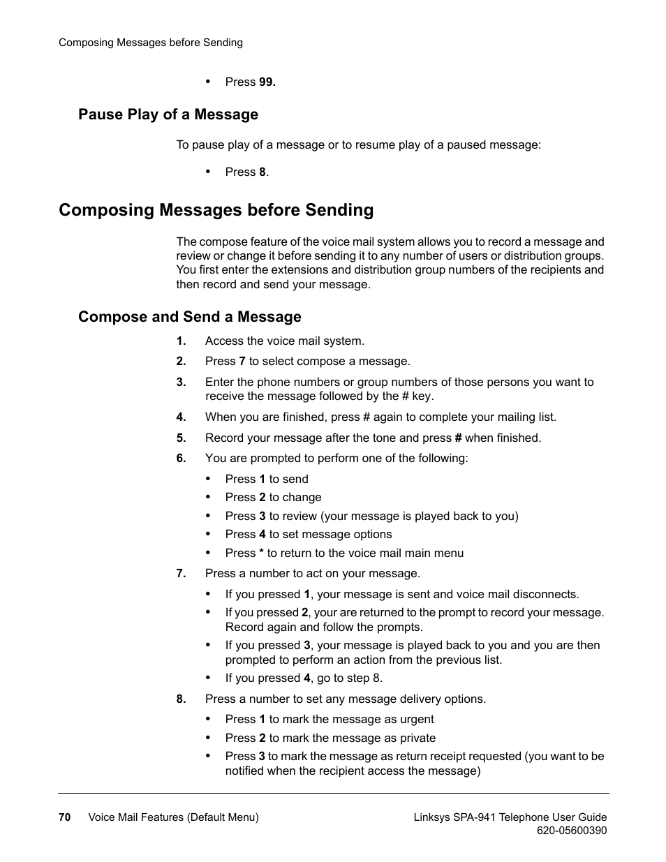 Pause play of a message, Composing messages before sending, Compose and send a message | Linksys SPA-941 User Manual | Page 82 / 164