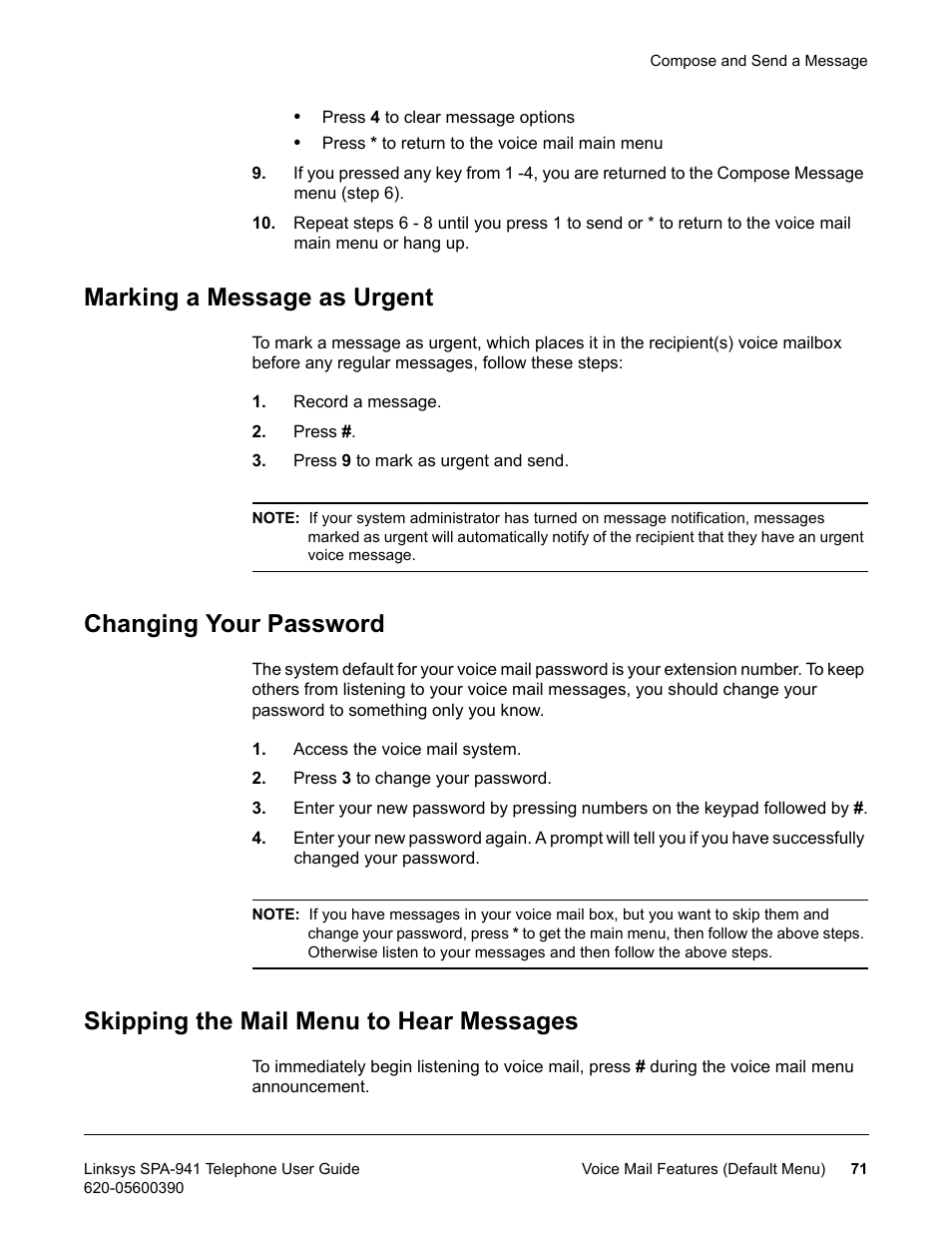 Marking a message as urgent, Changing your password, Skipping the mail menu to hear messages | Linksys SPA-941 User Manual | Page 83 / 164