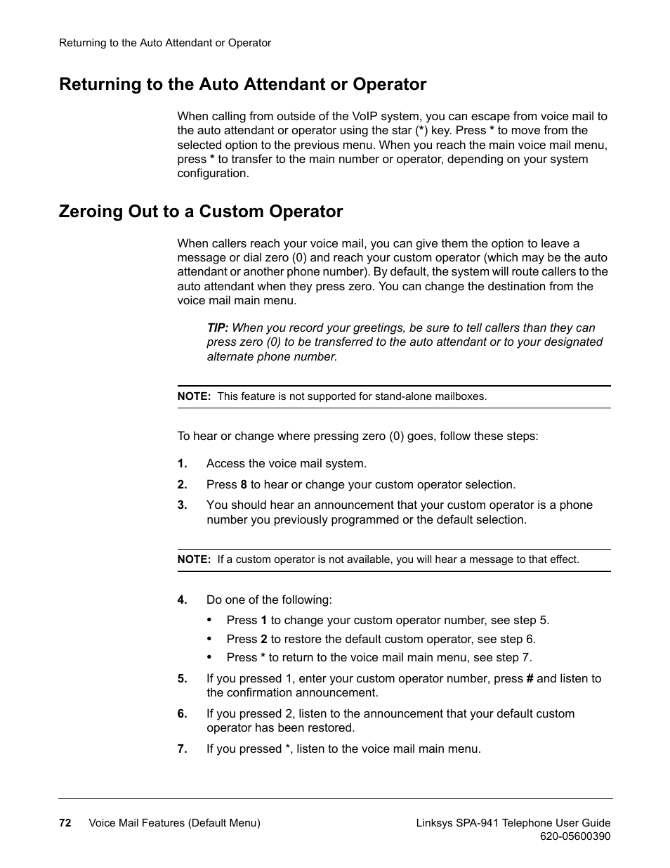 Returning to the auto attendant or operator, Zeroing out to a custom operator | Linksys SPA-941 User Manual | Page 84 / 164