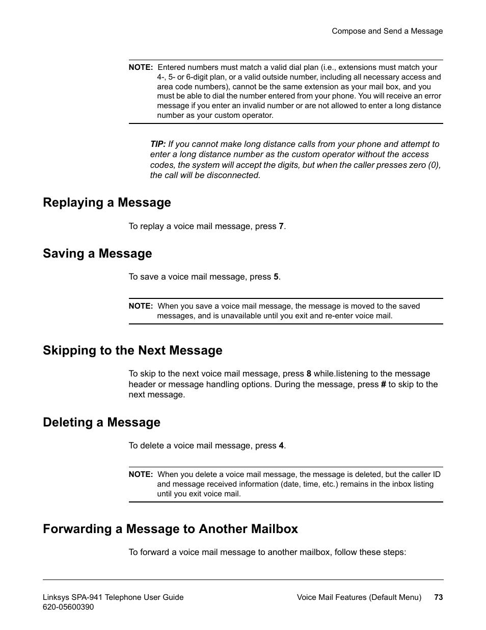 Replaying a message, Saving a message, Skipping to the next message | Deleting a message, Forwarding a message to another mailbox | Linksys SPA-941 User Manual | Page 85 / 164