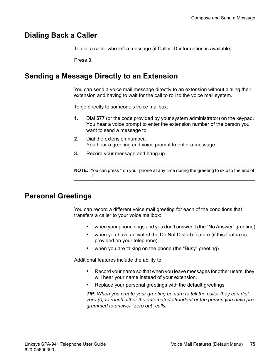 Dialing back a caller, Sending a message directly to an extension, Personal greetings | Linksys SPA-941 User Manual | Page 87 / 164