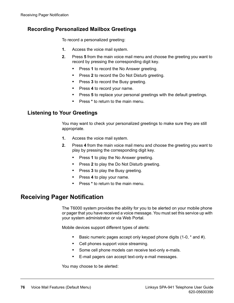 Recording personalized mailbox greetings, Listening to your greetings, Receiving pager notification | Linksys SPA-941 User Manual | Page 88 / 164