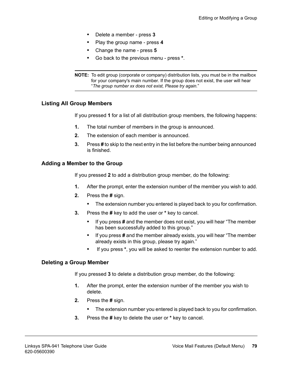 Listing all group members, Adding a member to the group, Deleting a group member | Linksys SPA-941 User Manual | Page 91 / 164