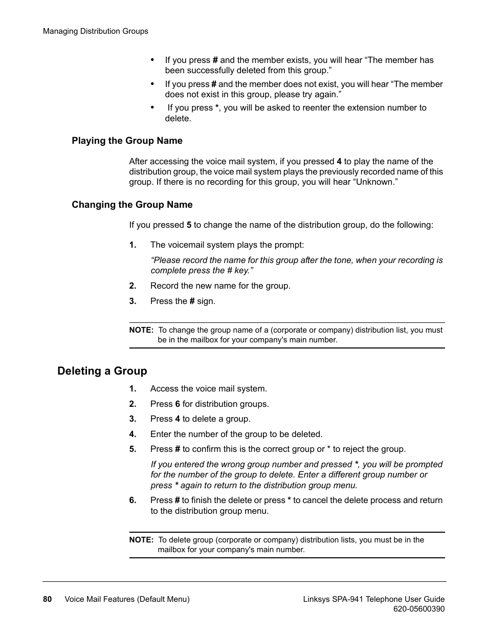 Playing the group name, Changing the group name, Deleting a group | Playing the group name changing the group name | Linksys SPA-941 User Manual | Page 92 / 164