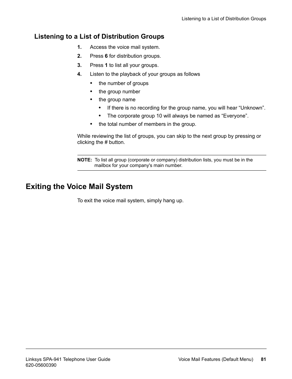 Listening to a list of distribution groups, Exiting the voice mail system | Linksys SPA-941 User Manual | Page 93 / 164