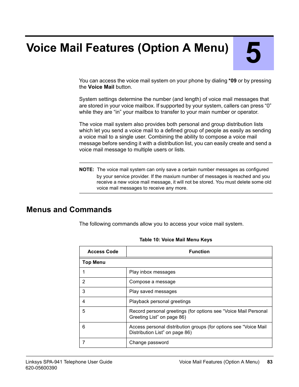 Voice mail features (option a menu), Menus and commands, 5 voice mail features (option a menu) | Linksys SPA-941 User Manual | Page 95 / 164