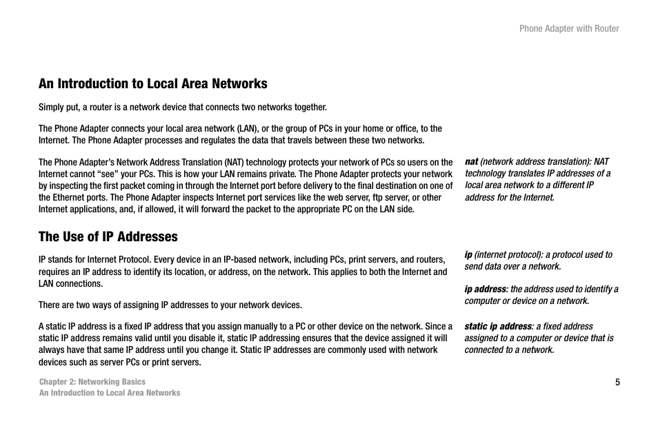 Chapter 2: networking basics, An introduction to local area networks, The use of ip addresses | Linksys SPA2102 User Manual | Page 13 / 96