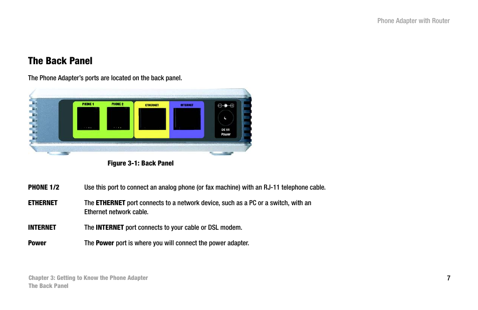 Chapter 3: getting to know the phone adapter, The back panel, Figure 3-1: back panel | Linksys SPA2102 User Manual | Page 15 / 96