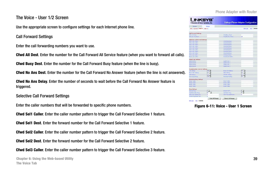 Figure 6-11: voice - user 1 screen | Linksys SPA2102 User Manual | Page 47 / 96