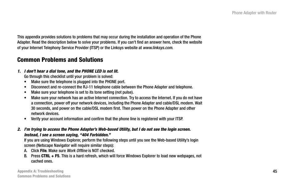 Appendix a: troubleshooting, Common problems and solutions | Linksys SPA2102 User Manual | Page 53 / 96