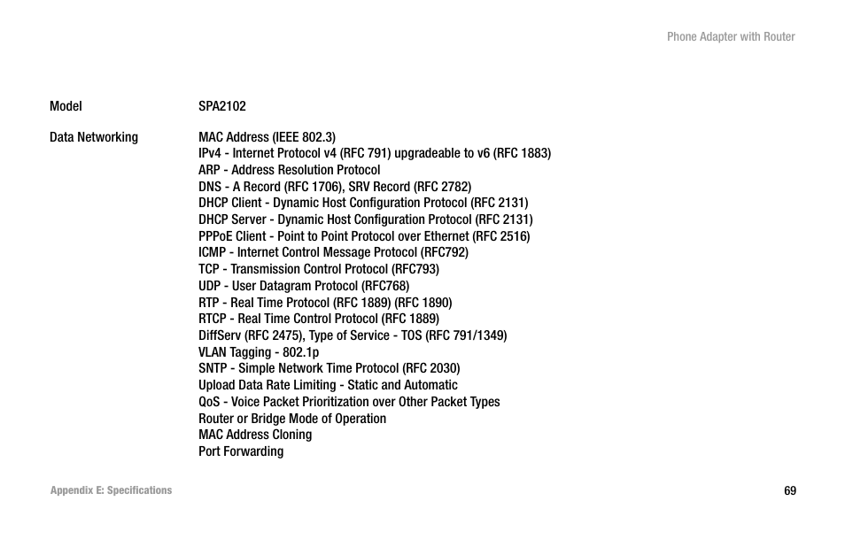 Appendix e: specifications | Linksys SPA2102 User Manual | Page 77 / 96