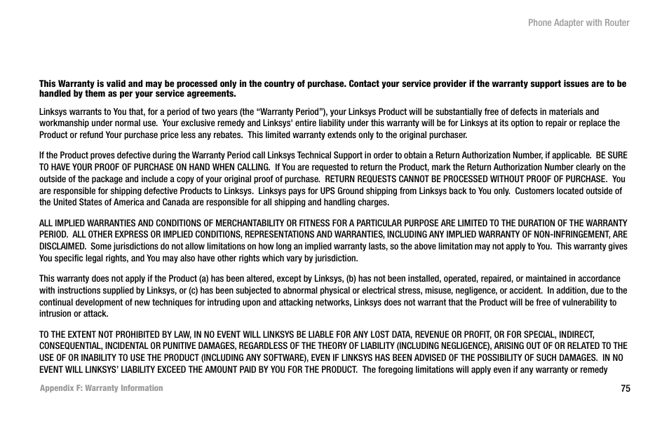 Appendix f: warranty information | Linksys SPA2102 User Manual | Page 83 / 96
