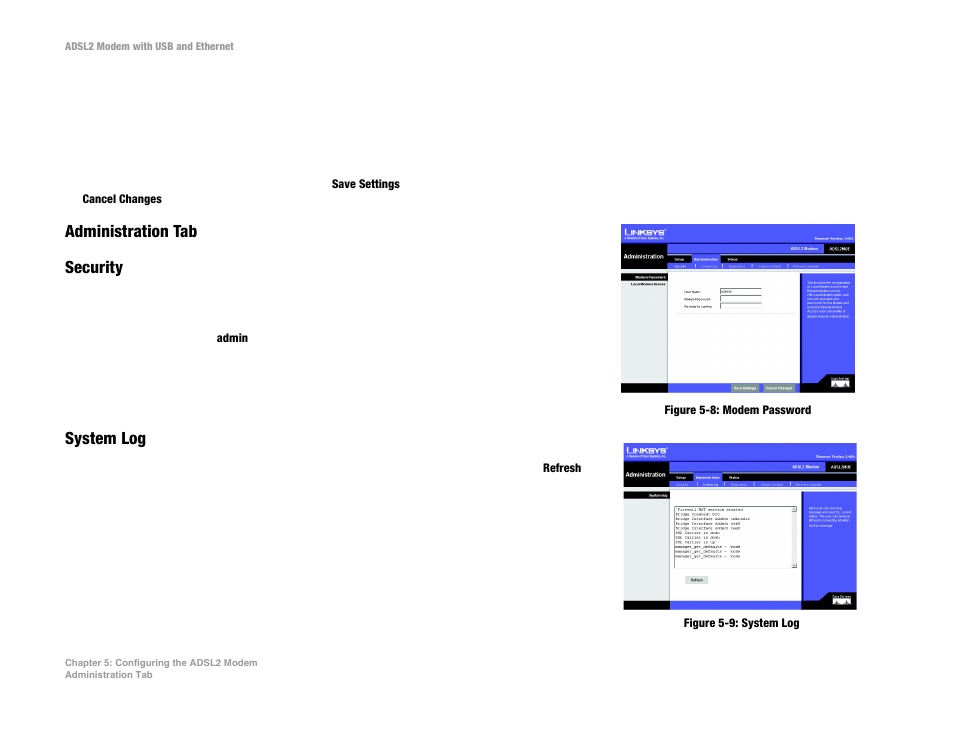 Administration tab security, System log | Linksys ADSL2MUE User Manual | Page 23 / 46