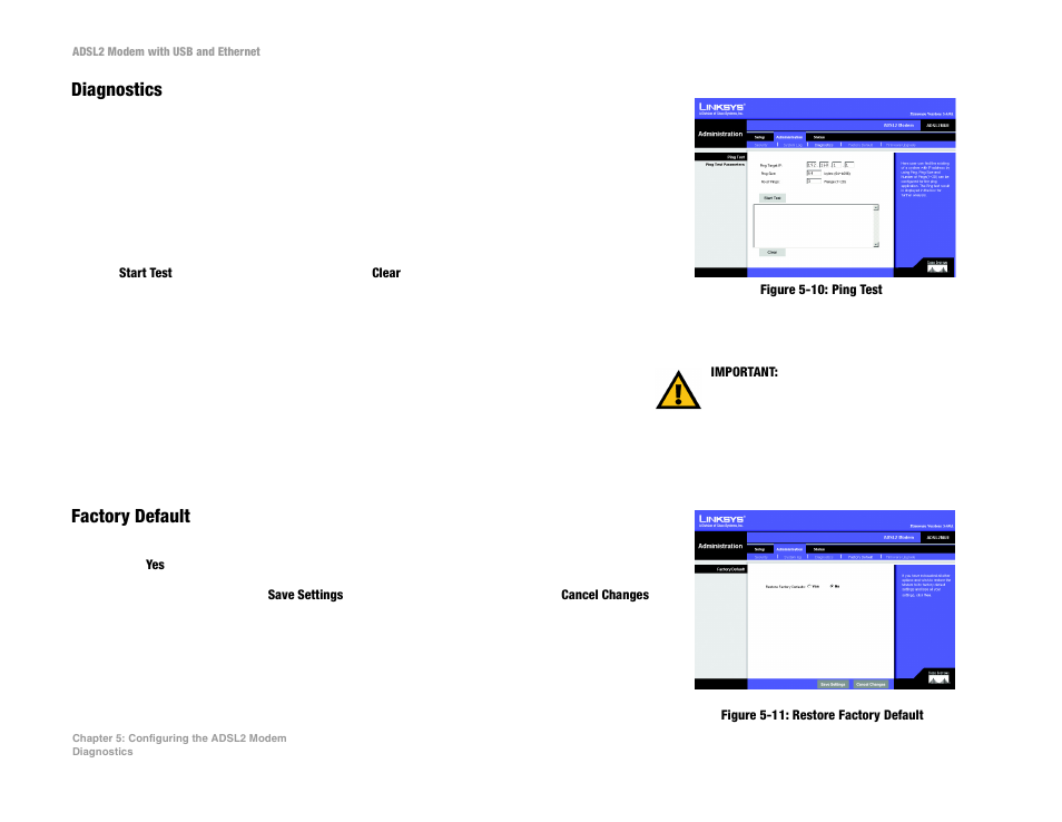 Diagnostics, Factory default | Linksys ADSL2MUE User Manual | Page 24 / 46