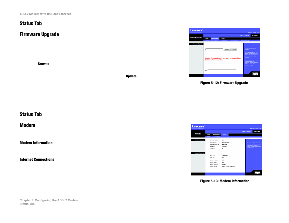 Status tab firmware upgrade, Status tab modem | Linksys ADSL2MUE User Manual | Page 25 / 46