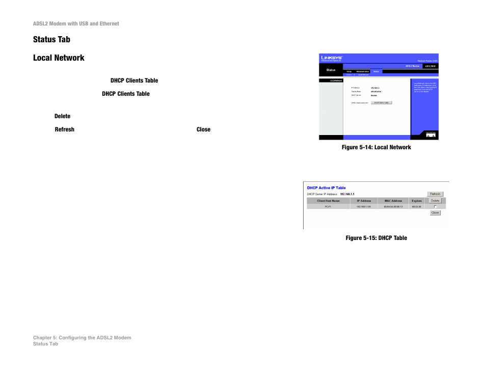 Status tab local network | Linksys ADSL2MUE User Manual | Page 26 / 46