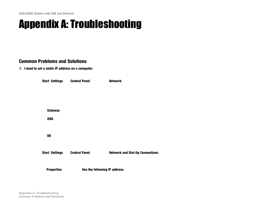 Appendix a: troubleshooting, Common problems and solutions | Linksys ADSL2MUE User Manual | Page 27 / 46