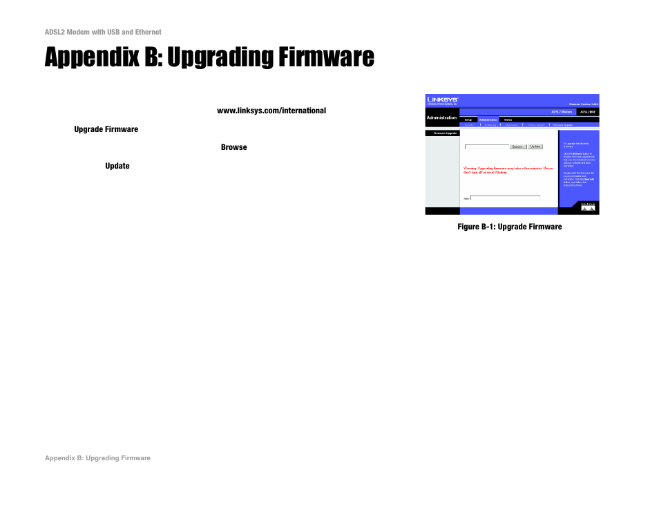 Appendix b: upgrading firmware | Linksys ADSL2MUE User Manual | Page 33 / 46