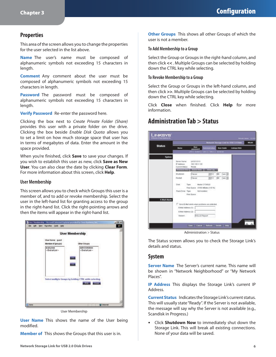 Administration tab > status, Configuration, Properties | System | Linksys NSLU2 User Manual | Page 10 / 38