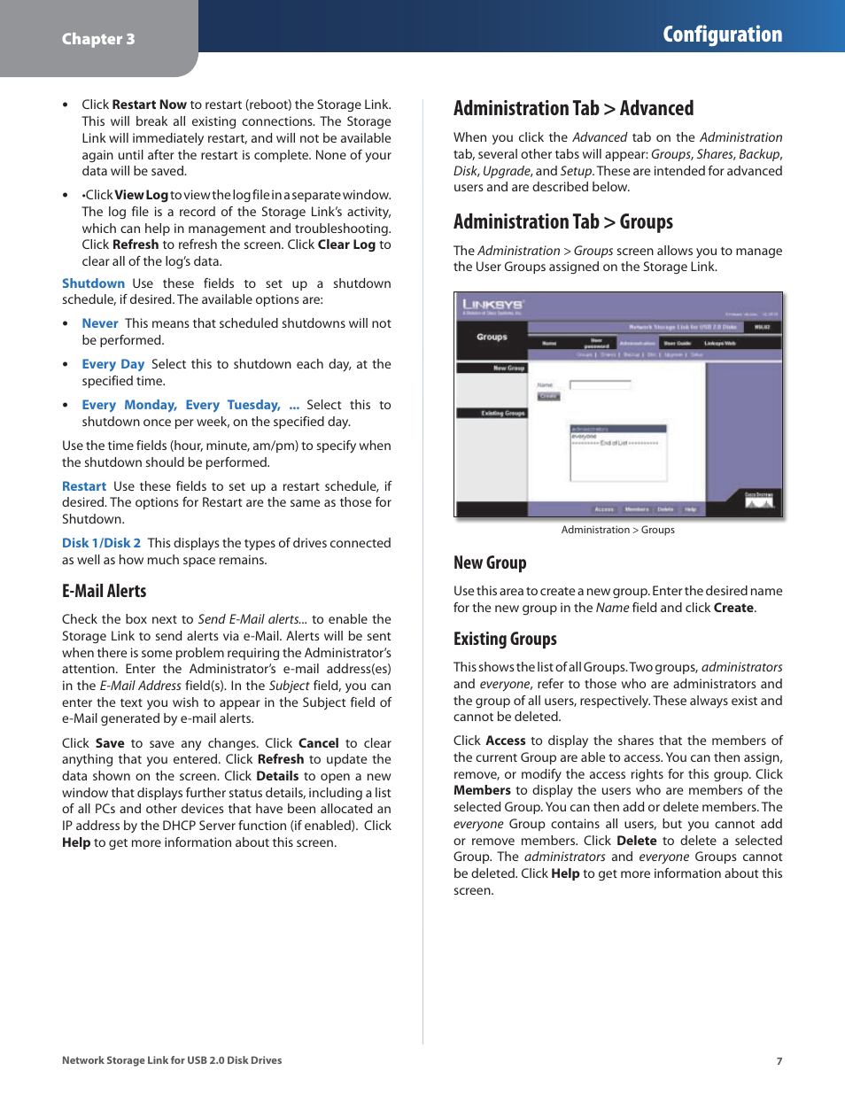 Administration tab > advanced, Administration tab > groups, Configuration | E-mail alerts, New group, Existing groups | Linksys NSLU2 User Manual | Page 11 / 38
