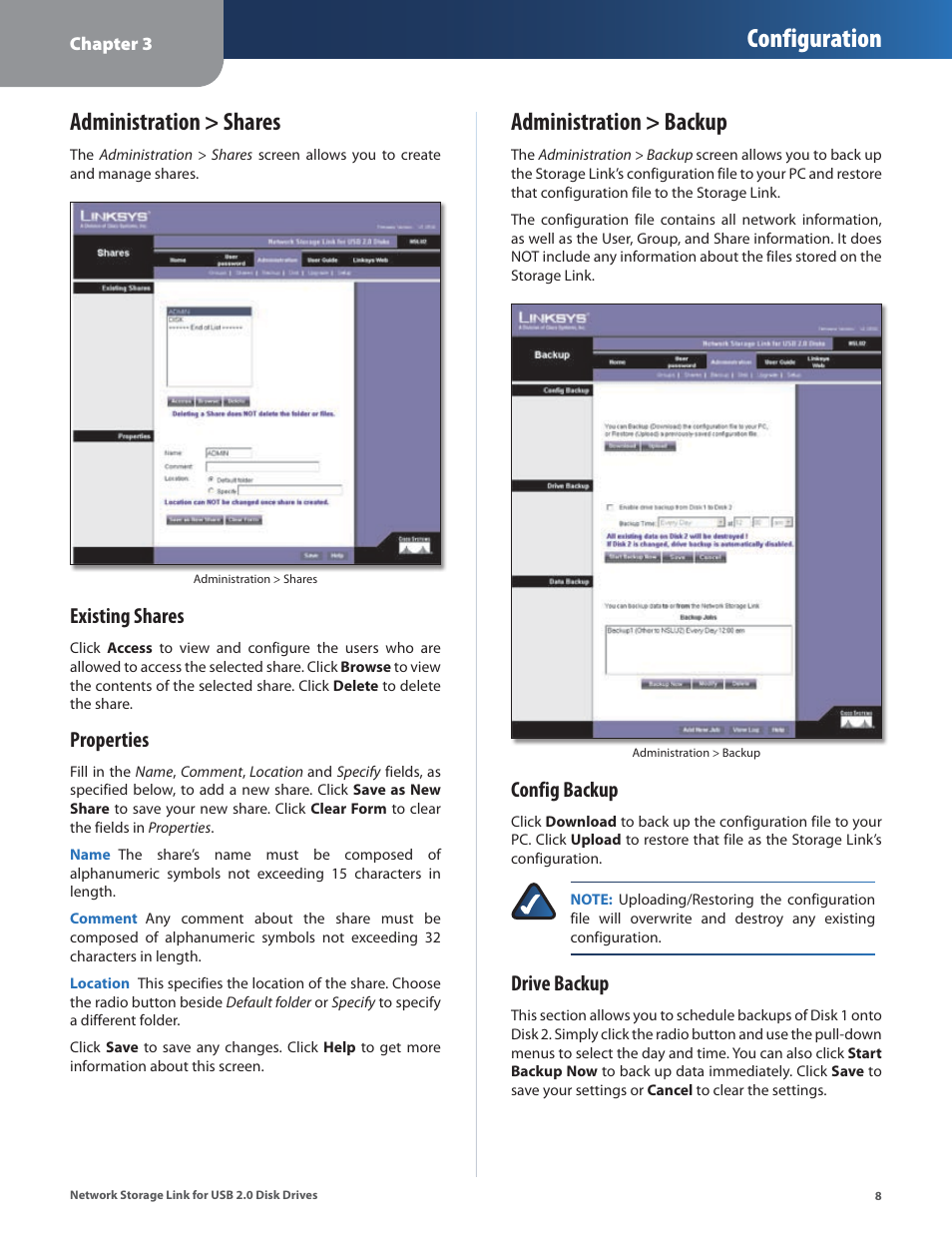 Administration > shares, Administration > backup, Administration > shares administration > backup | Configuration, Existing shares, Properties, Config backup, Drive backup | Linksys NSLU2 User Manual | Page 12 / 38