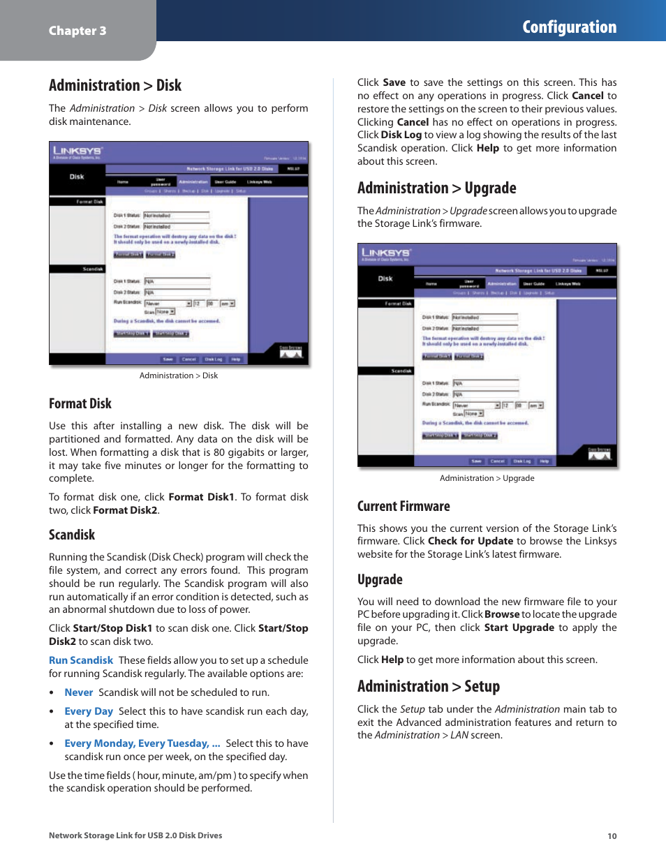 Administration > disk, Administration > upgrade, Administration > setup | Configuration, Format disk, Scandisk, Current firmware, Upgrade | Linksys NSLU2 User Manual | Page 14 / 38