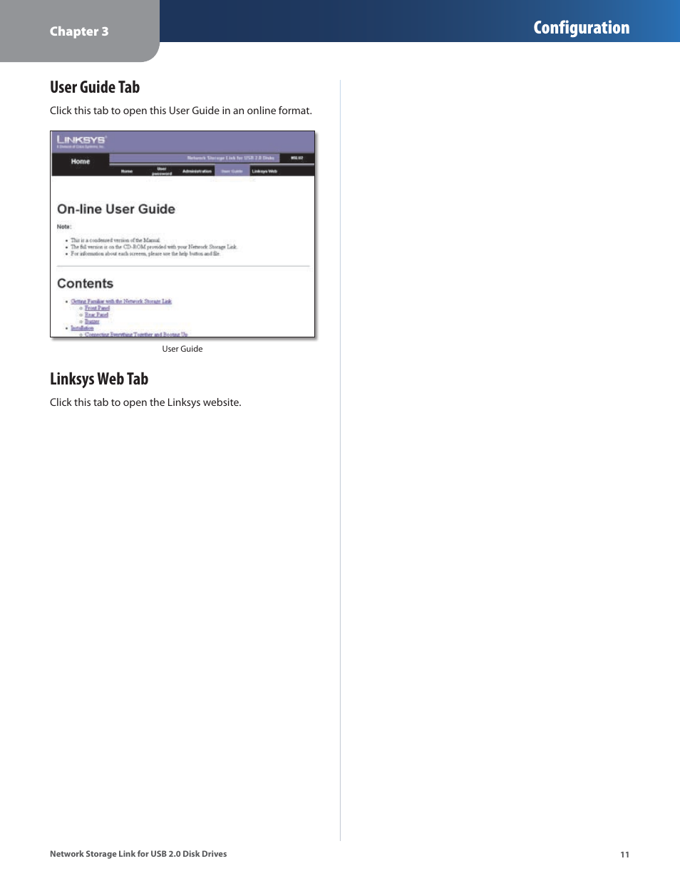 User guide tab, Linksys web tab, User guide tab linksys web tab | Configuration | Linksys NSLU2 User Manual | Page 15 / 38