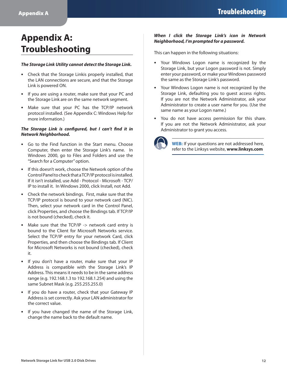 Appendix a: troubleshooting, Troubleshooting | Linksys NSLU2 User Manual | Page 16 / 38