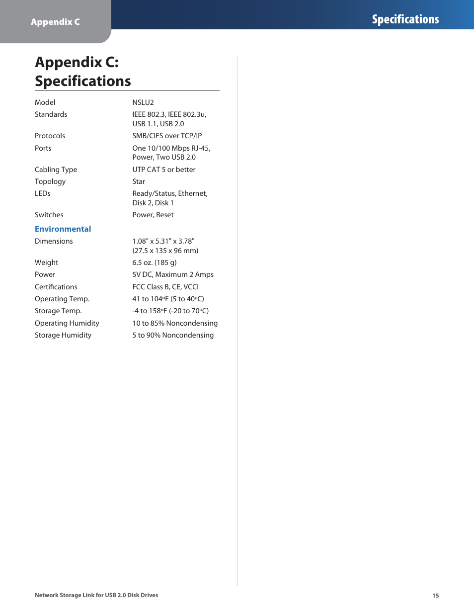 Appendix c: specifications, Specifications | Linksys NSLU2 User Manual | Page 19 / 38