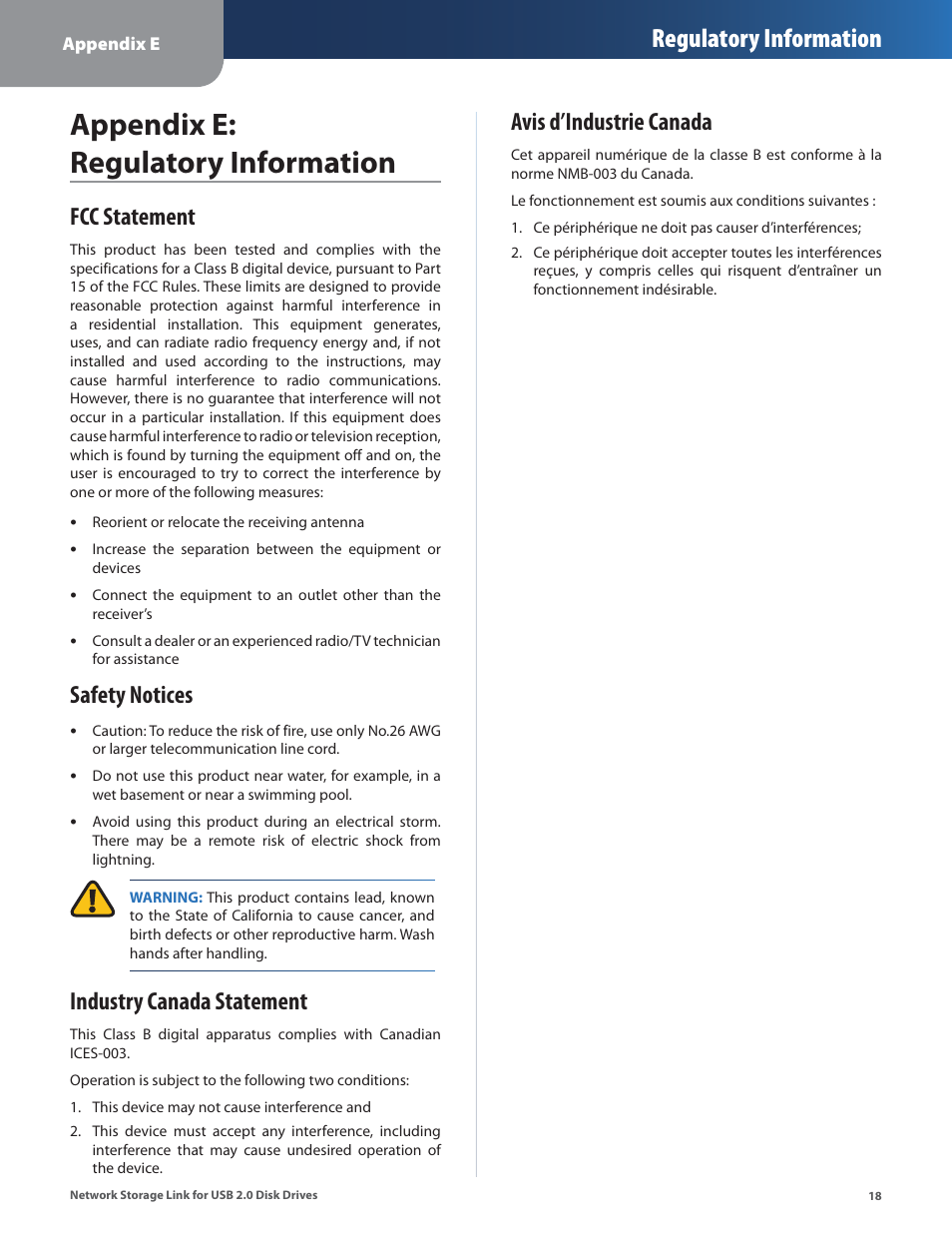 Appendix e: regulatory information, Fcc statement, Safety notices | Industry canada statement, Regulatory information, Avis d’industrie canada | Linksys NSLU2 User Manual | Page 22 / 38