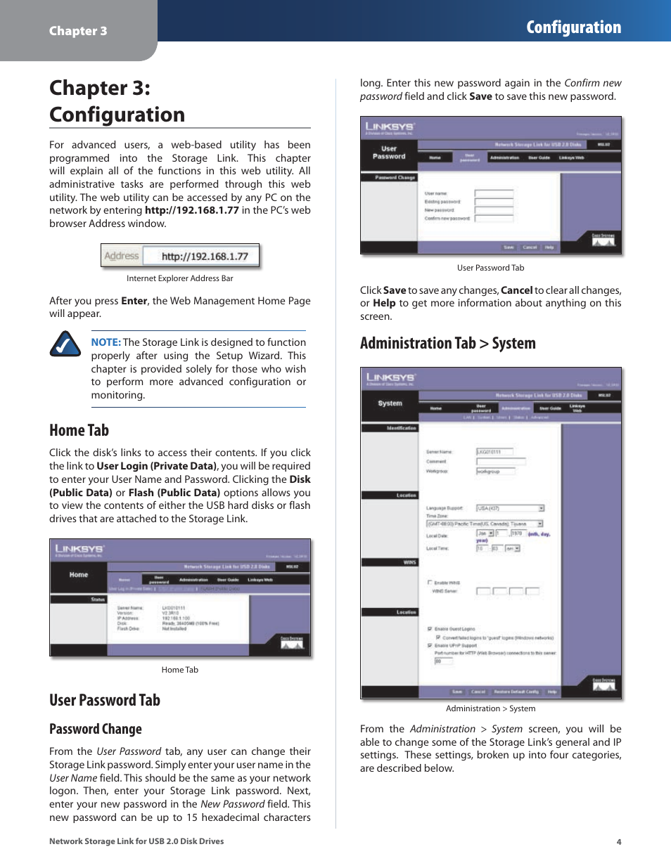 Chapter 3: configuration, Home tab, User password tab | Administration tab > system, Configuration, Password change | Linksys NSLU2 User Manual | Page 8 / 38