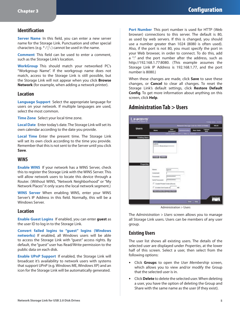 Administration tab > users, Configuration, Identification | Location, Wins, Existing users | Linksys NSLU2 User Manual | Page 9 / 38