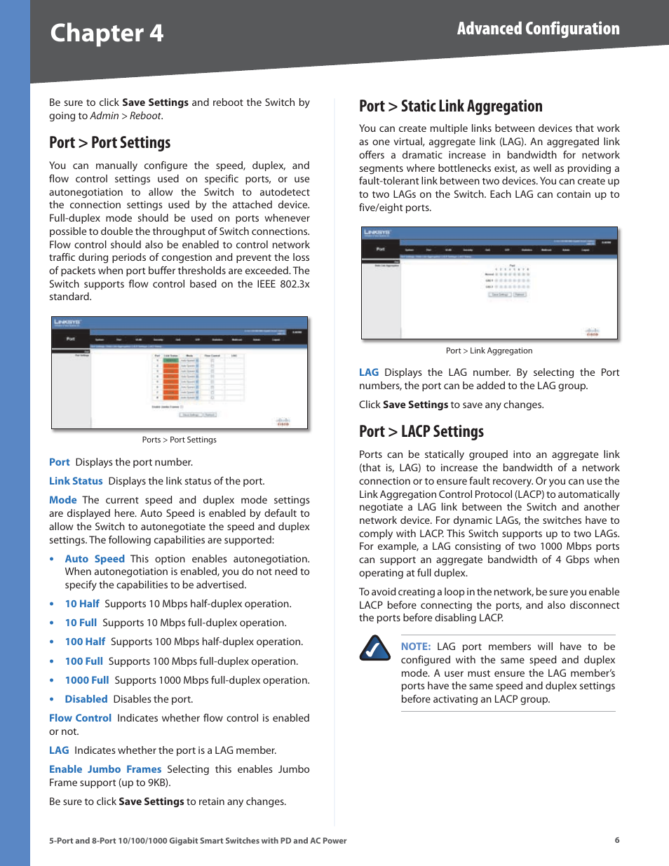 Port > port settings, Port > static link aggregation, Port > lacp settings | Chapter, Advanced configuration | Linksys SLM2005 User Manual | Page 10 / 32