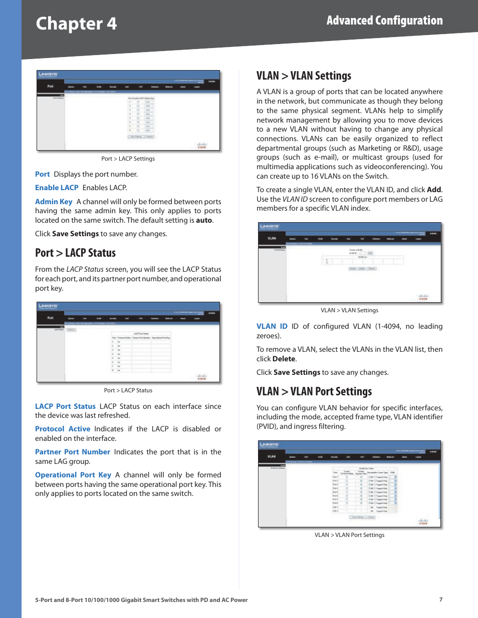 Port > lacp status, Vlan > vlan settings, Vlan > vlan port settings | Chapter, Advanced configuration | Linksys SLM2005 User Manual | Page 11 / 32