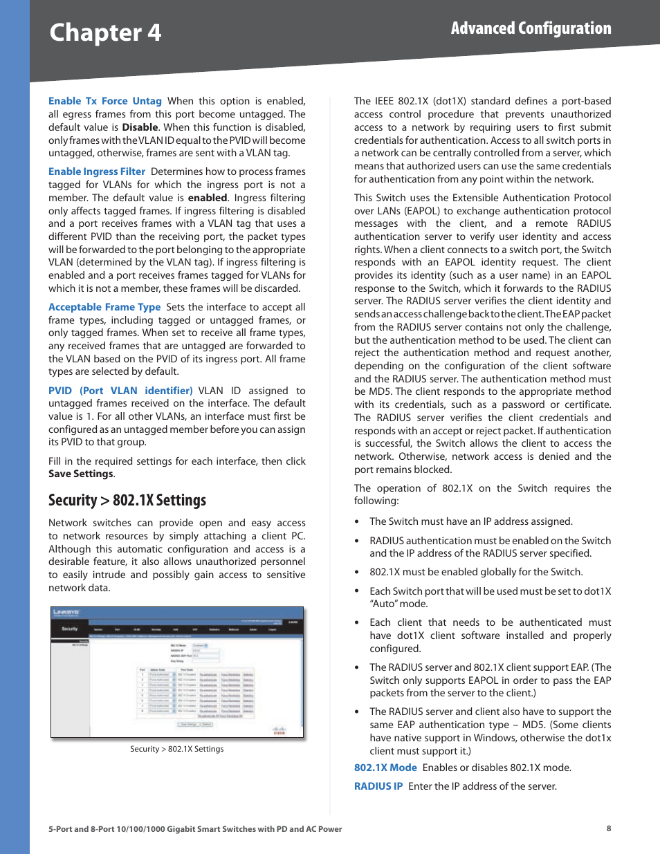 Security > 802.1x settings, Chapter, Advanced configuration | Linksys SLM2005 User Manual | Page 12 / 32