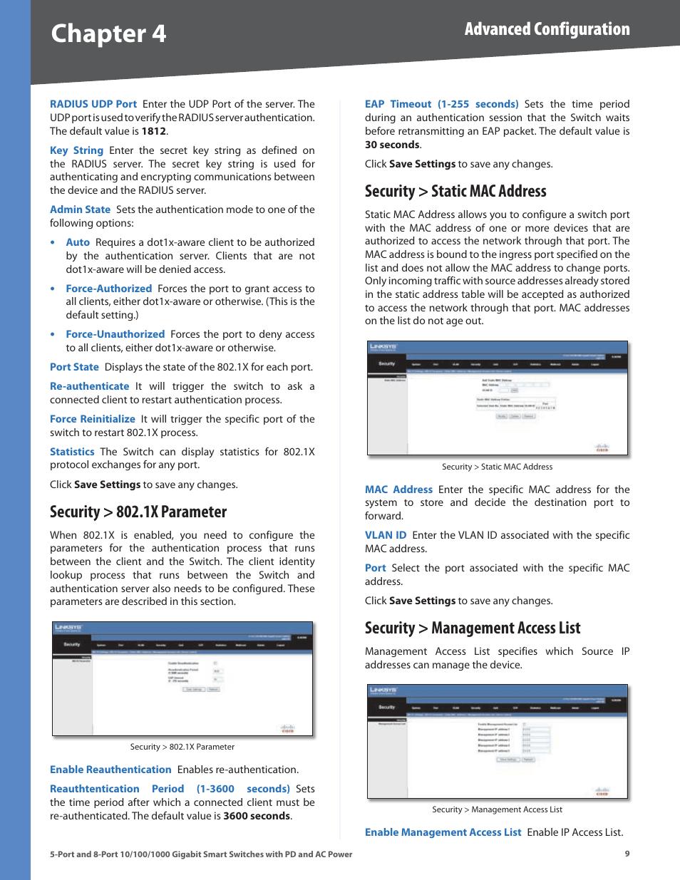 Security > 802.1x parameter, Security > static mac address, Security > management access list | Chapter, Advanced configuration | Linksys SLM2005 User Manual | Page 13 / 32