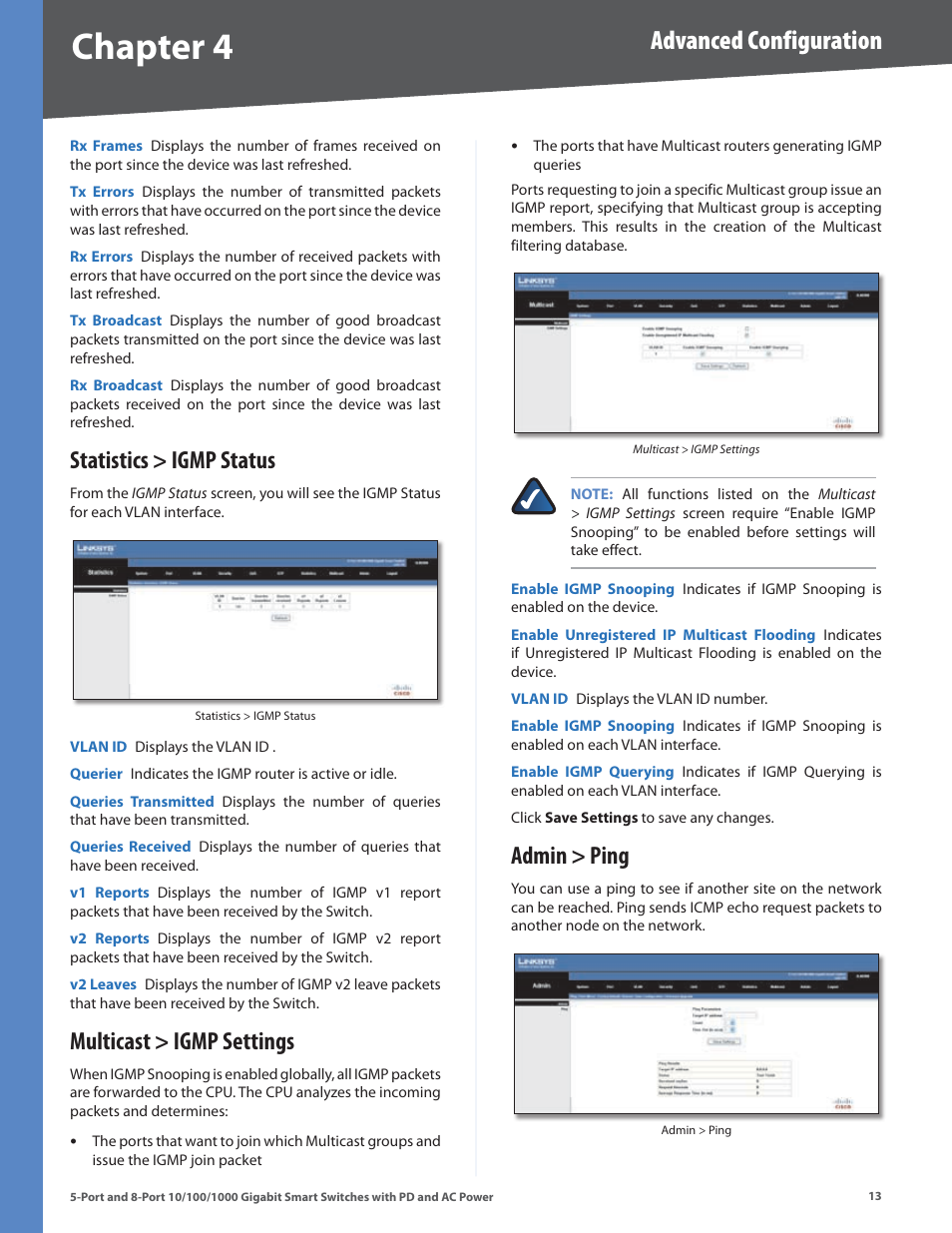 Statistics > igmp status, Multicast > igmp settings, Admin > ping | Multicast > igmp settings admin > ping, Chapter, Advanced configuration | Linksys SLM2005 User Manual | Page 17 / 32