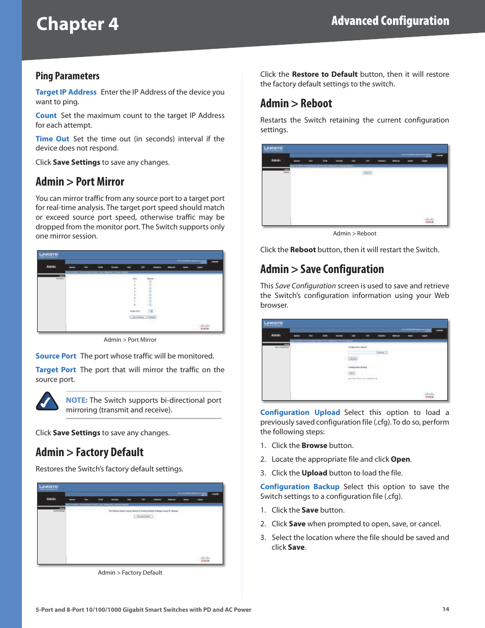 Ping parameters, Admin > port mirror, Admin > factory default | Admin > reboot, Admin > save configuration, Chapter, Advanced configuration | Linksys SLM2005 User Manual | Page 18 / 32