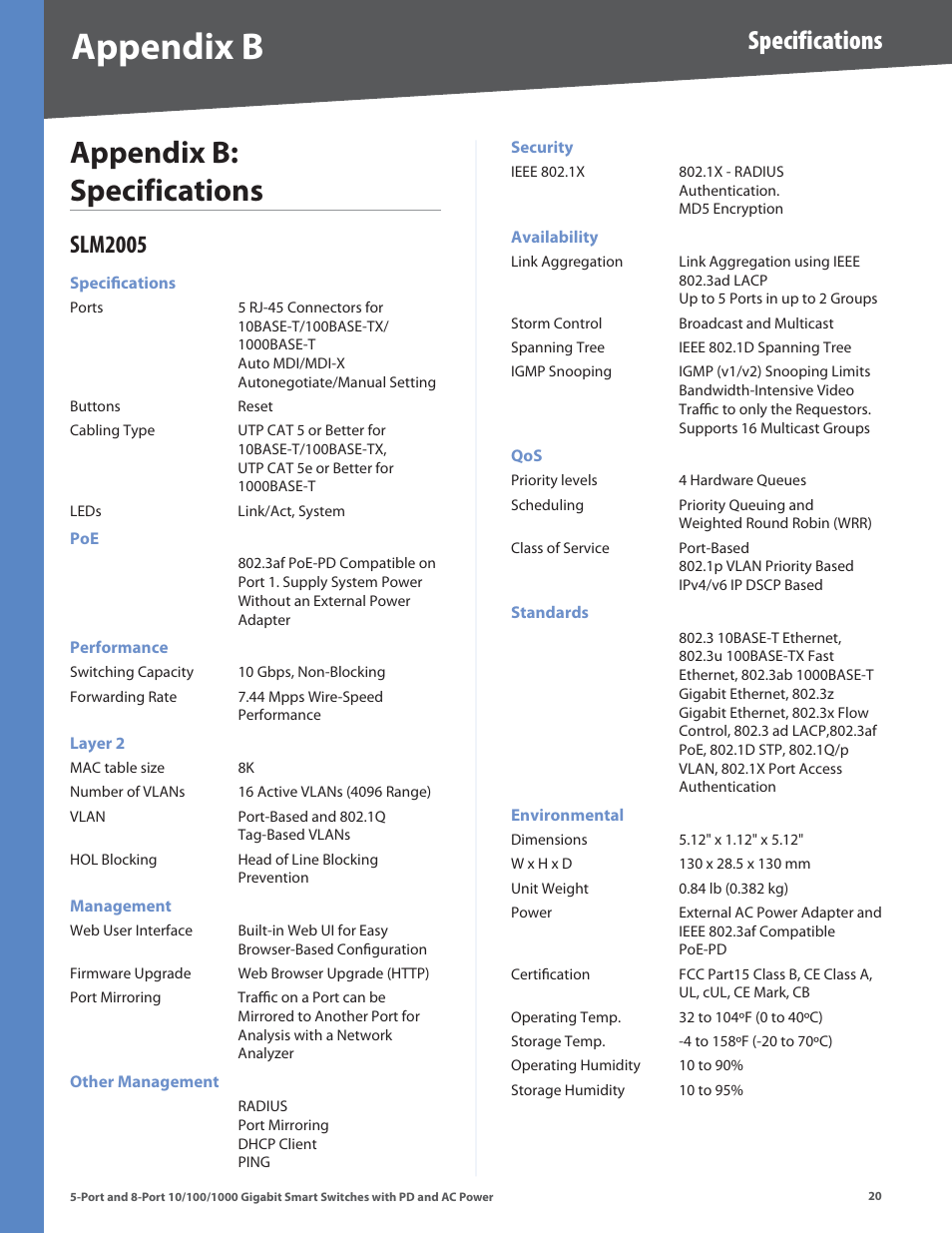 Appendix b: specifications, Slm2005, Appendx b | Appendx b: specfcatons, Specifications | Linksys SLM2005 User Manual | Page 24 / 32
