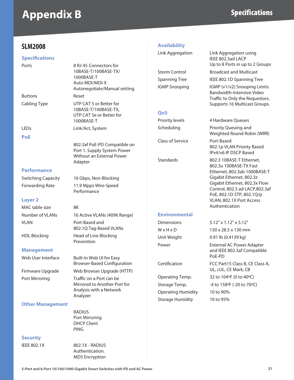 Slm2008, Appendx b, Specifications | Linksys SLM2005 User Manual | Page 25 / 32