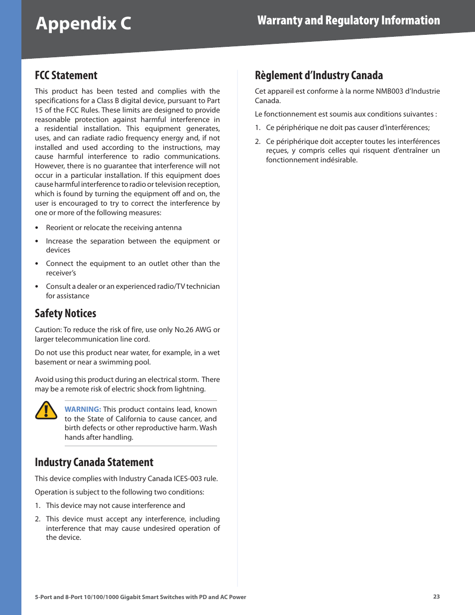 Fcc statement, Safety notices, Industry canada statement | Règlement d’industry canada, Appendx c, Warranty and regulatory information | Linksys SLM2005 User Manual | Page 27 / 32