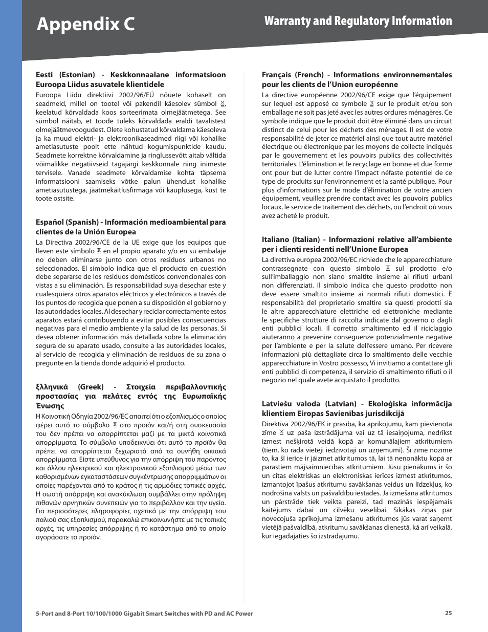 Appendx c, Warranty and regulatory information | Linksys SLM2005 User Manual | Page 29 / 32