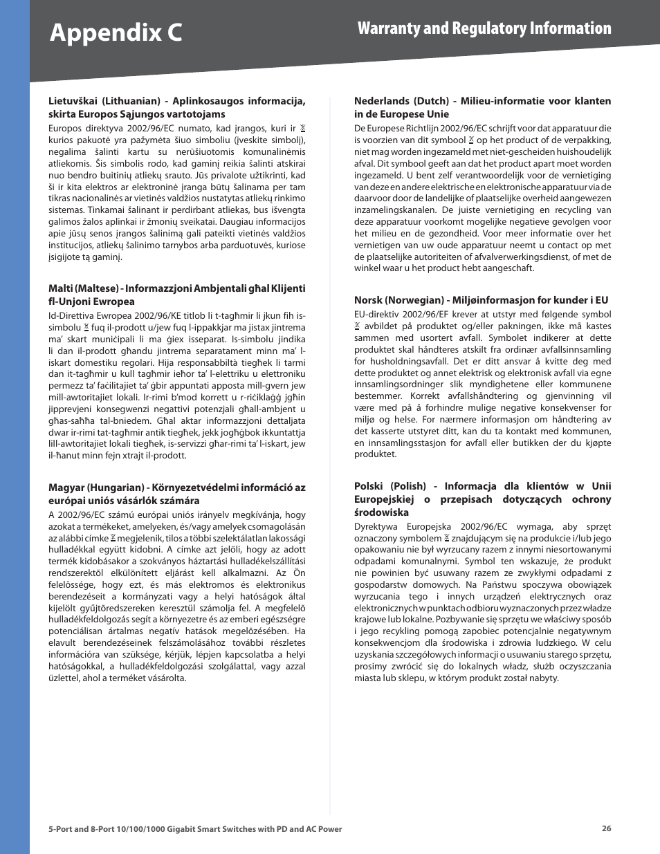 Appendx c, Warranty and regulatory information | Linksys SLM2005 User Manual | Page 30 / 32