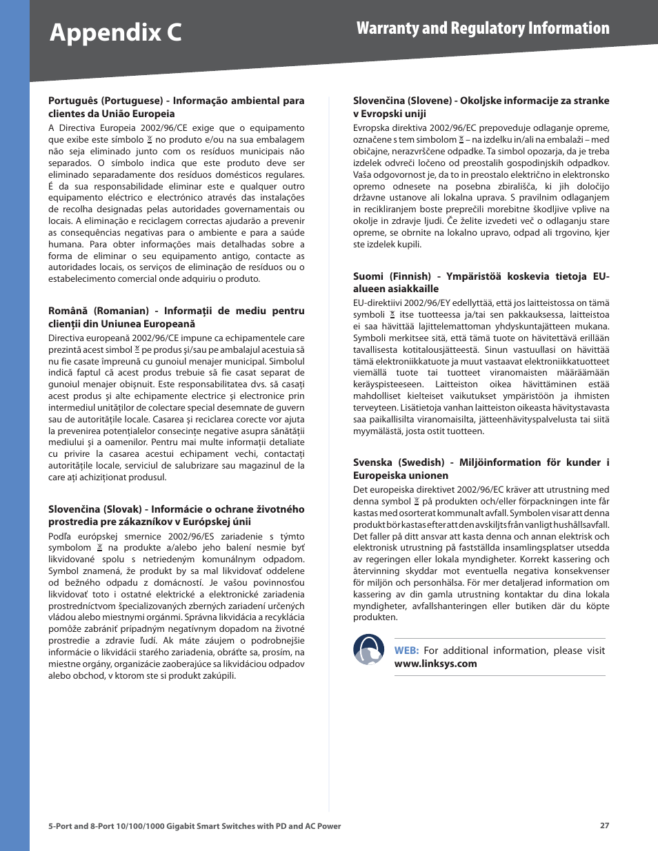 Appendx c, Warranty and regulatory information | Linksys SLM2005 User Manual | Page 31 / 32