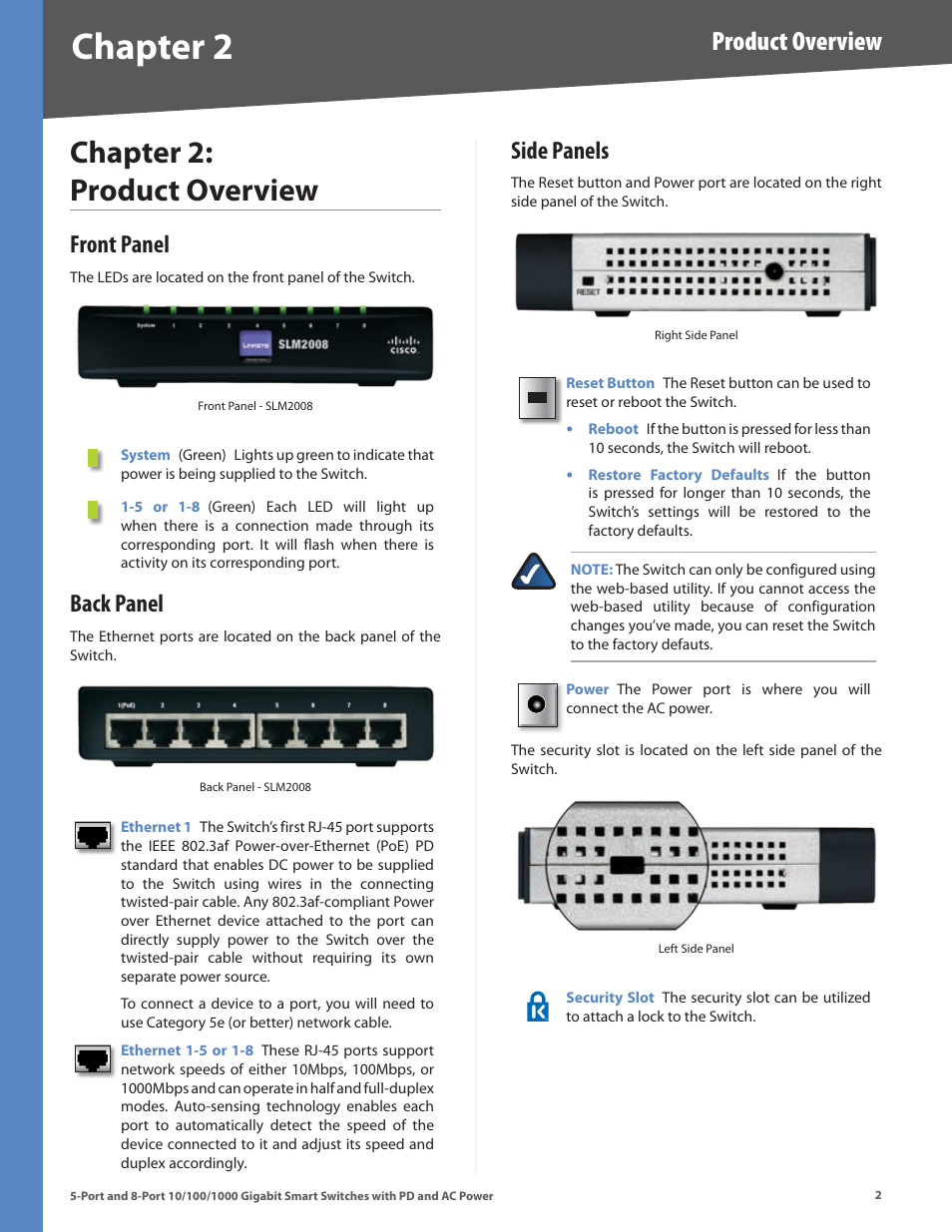Chapter 2: product overview, Front panel, Back panel | Side panels, Front panel back panel side panels, Chapter, Chapter : product overvew, Product overview | Linksys SLM2005 User Manual | Page 6 / 32