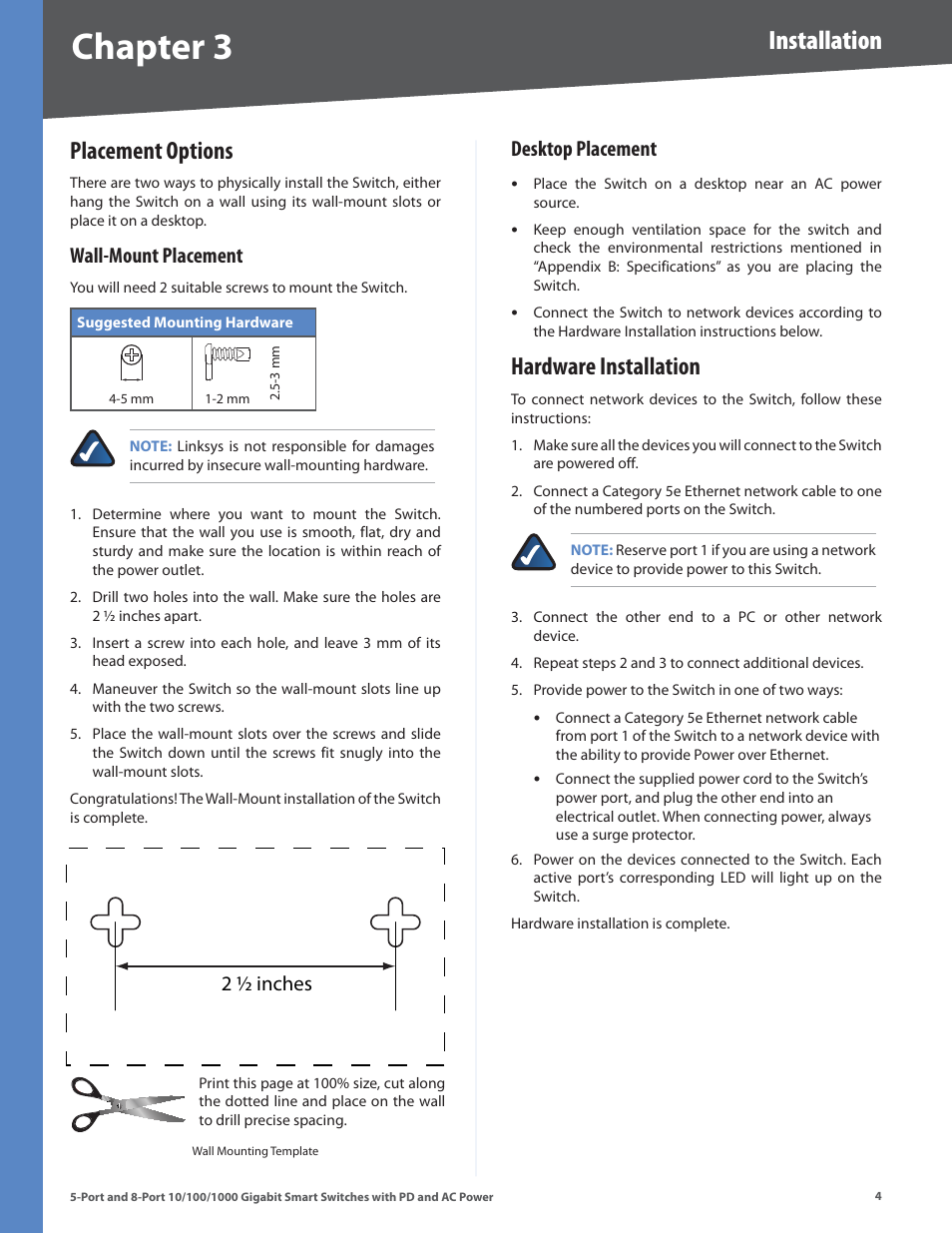 Placement options, Wall-mount placement, Desktop placement | Hardware installation, Wall-mount placement desktop placement, Chapter, Installation, 2 ½ inches | Linksys SLM2005 User Manual | Page 8 / 32